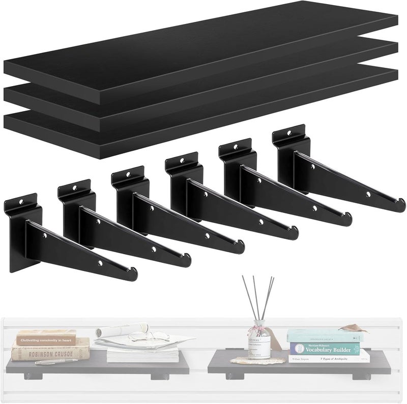 Alffun 3-Pack 16" x 6" Wooden Slatwall Shelves with Heavy-Duty Metal Brackets, Black Slat Wall Floating Storage Organizer for Garage, Home, Retail, and Boutiques - Image 1